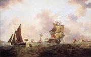 Francis Swaine A two-decker of the Royal Navy and other shipping off St.Peter Port oil on canvas